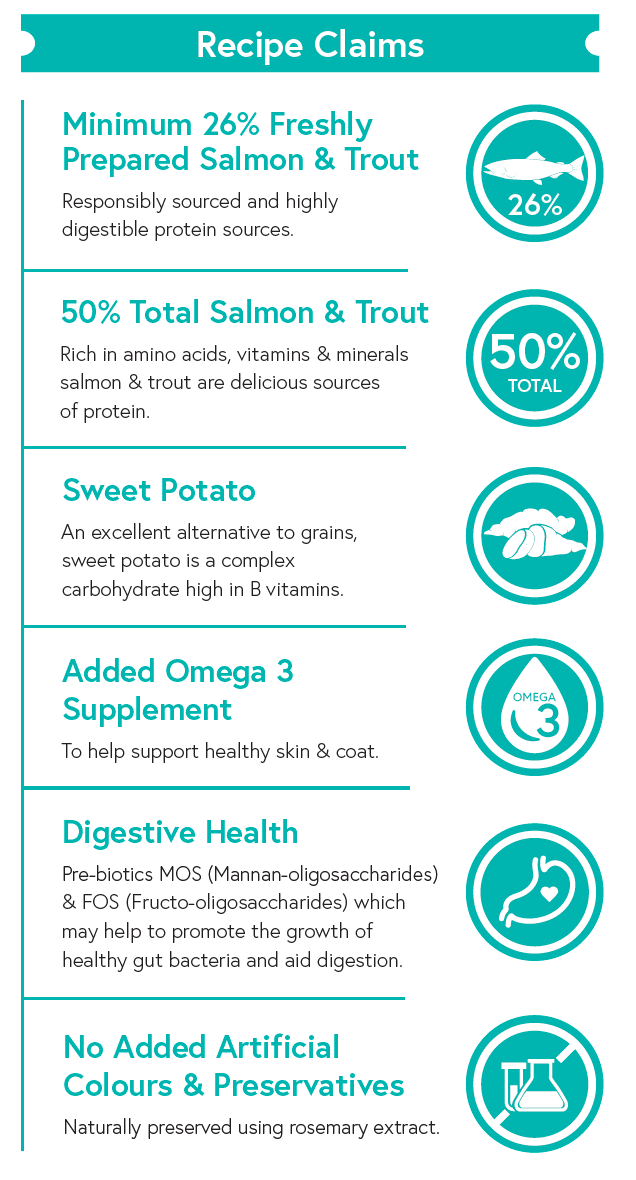 Grain Free Adult Dog Food - Salmon with Trout, Sweet Potato & Asparagus - Kibble UK - My Online Pet Store