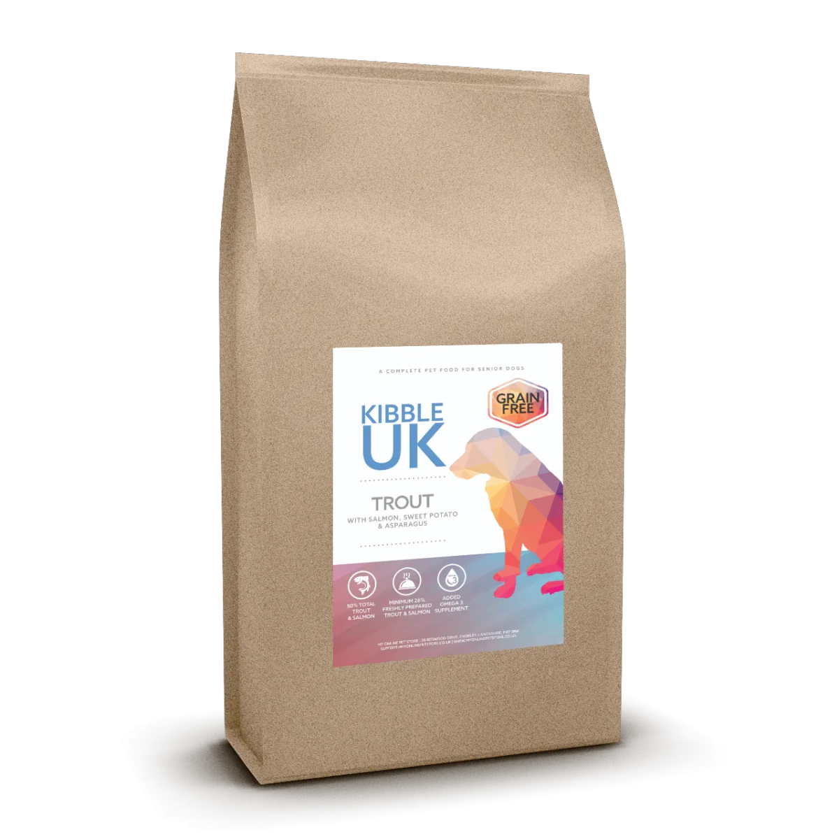 Grain Free Senior Dog Food - Trout with Salmon, Sweet Potato & Asparagus - Kibble UK - My Online Pet Store