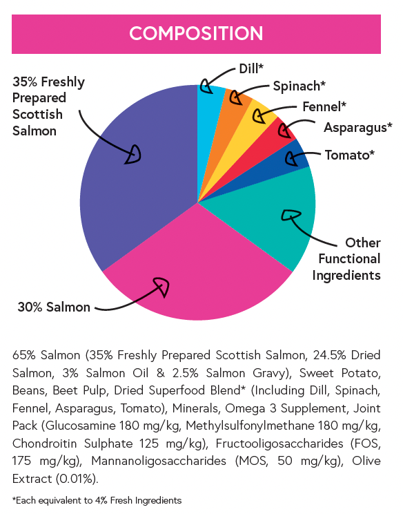 Superfood 65 ® Senior Dog Food - Scottish Salmon with Dill, Spinach, Fennel, Asparagus & Tomato - Kibble UK - My Online Pet Store
